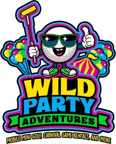 The Wild Party Adventures golf-ball mascot holding a putter