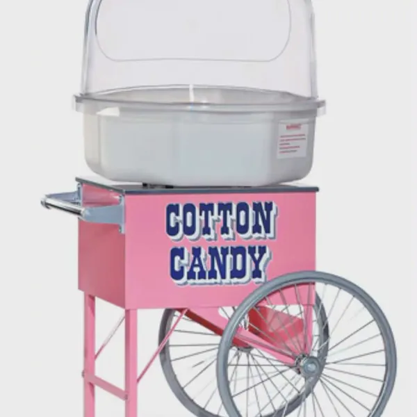 A pink commercial-grade cotton candy machine cart