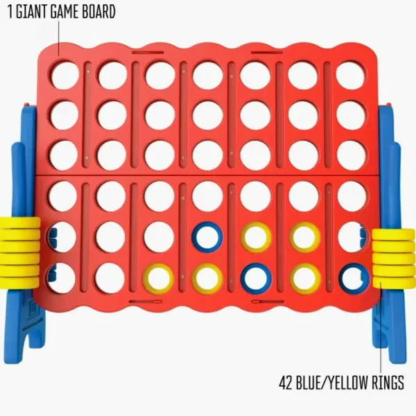 A giant Connect 4 game board with blue and yellow rings