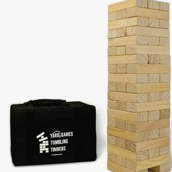 A giant Jenga tower of wooden blocks with its carry bag
