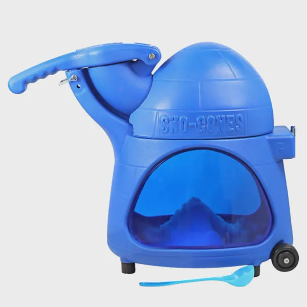 A blue commercial-grade snow cone machine
