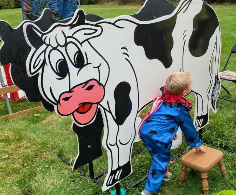 A child playing the cow carnival game